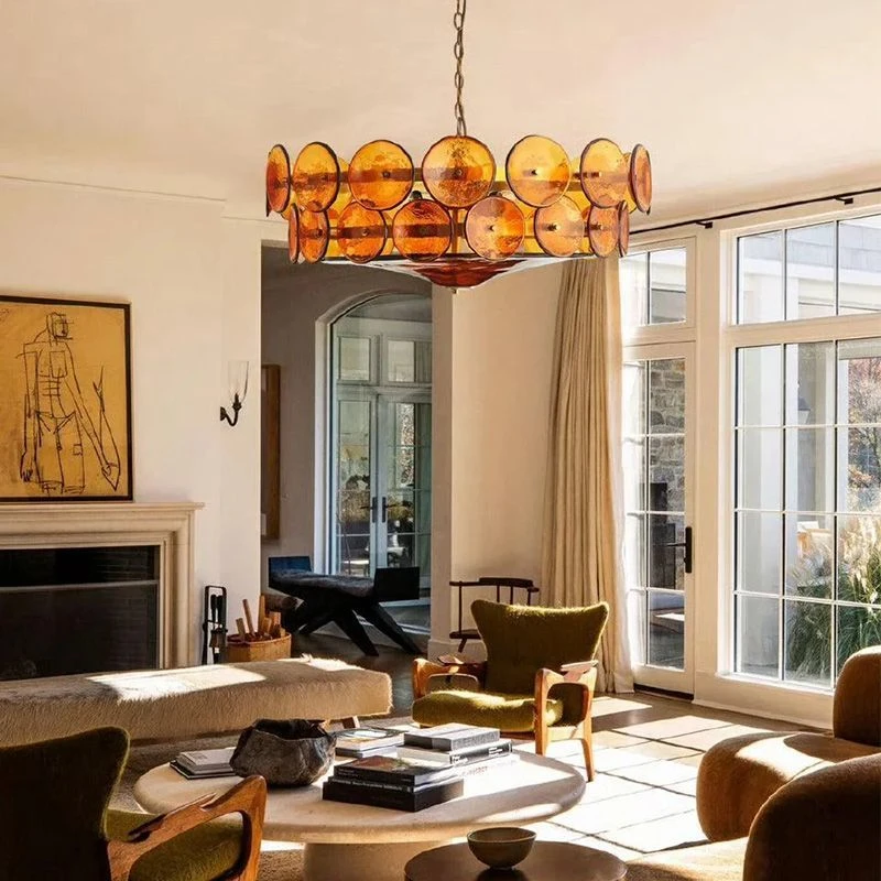 

Vintage Murano Amber Glass Disc Chandelier Mid Century Modern Pendant Light for Living Room Dining Room Bedroom Home Decor