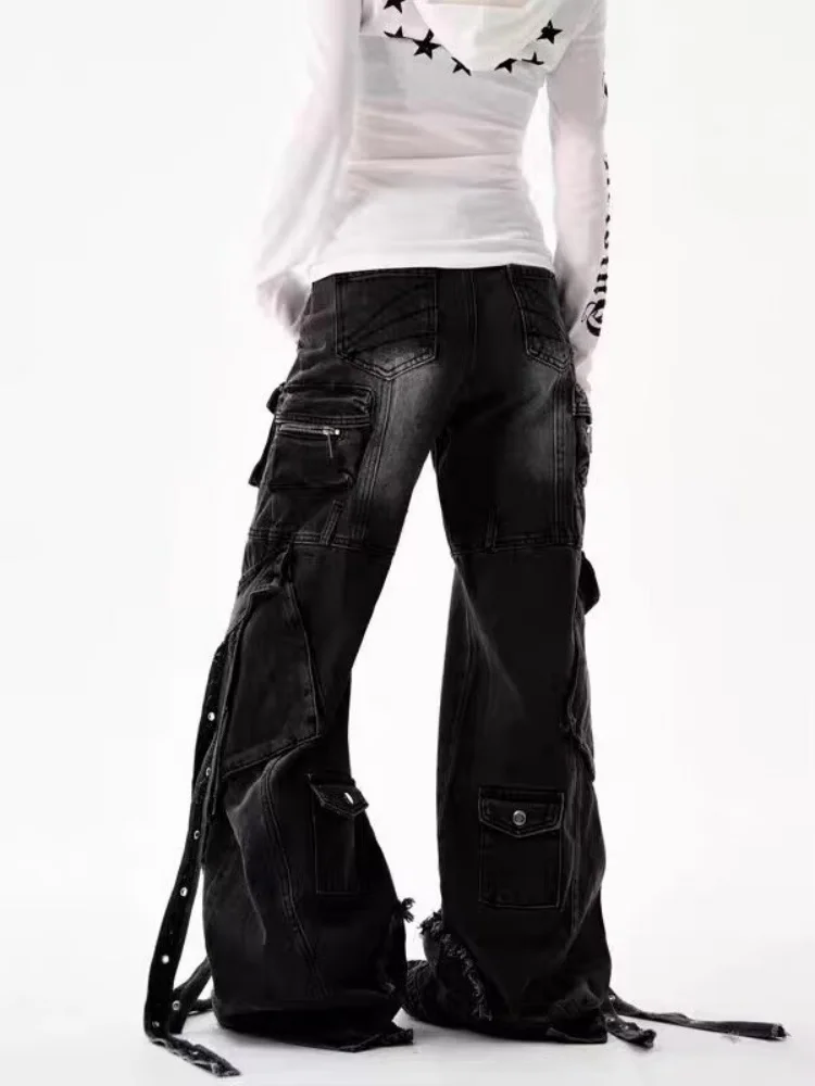 2026 American Retro Y2K Streetwear Washed Black Baggy Women's Cargo Jeans Pants For Woman Clothing Straight Loose Long Trousers