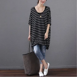 Street Casual Striped Loose Tops Tees Summer New Short Sleeve All-match Plus Size Vintage T Shirts Fashion Trend Women Clothing