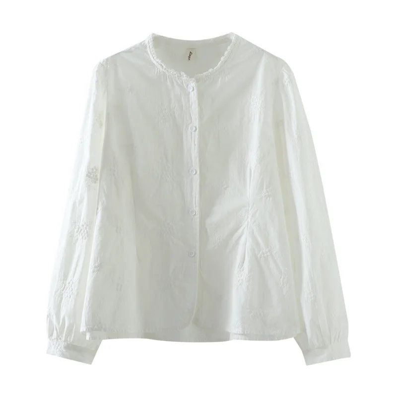 

[Готовый запас] Высококачественная женская блузка из 100% хлопка, рубашка, осенние новые жаккардовые белые блузки с вышивкой и воротником-стойкой и длинными рукавами