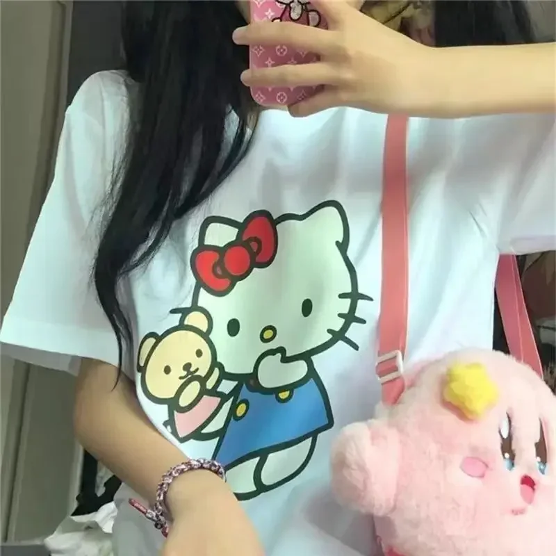 Japanese Hello Kitty Short Sleeve T-shirts Women Summer Korean Style Loose Harajuku Cute Soft Girl Y2K Top Aesthetic Clothes Tee image 2