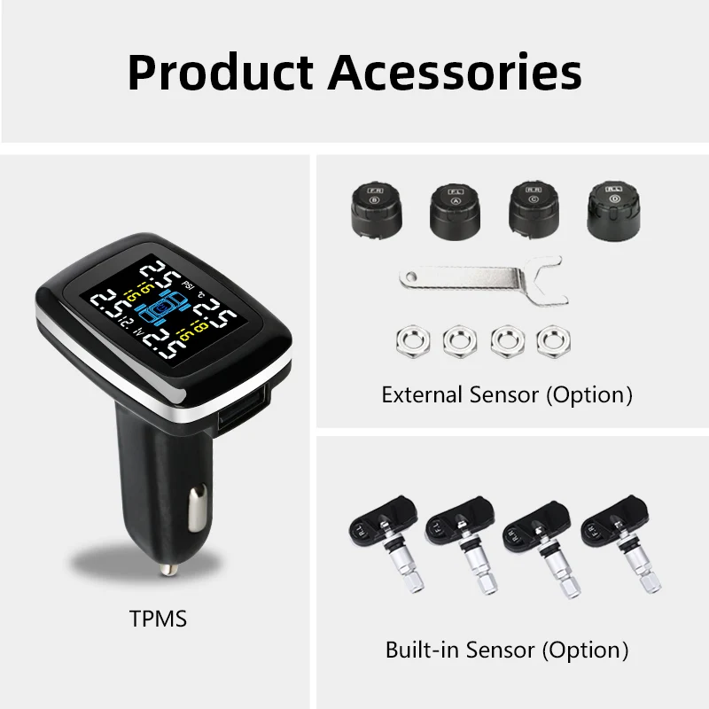 Jansite Car TPMS Tire Pressure Monitoring System Sensors Cigarette Lighter with USB Port Tpms Control System Auto Security Alarm