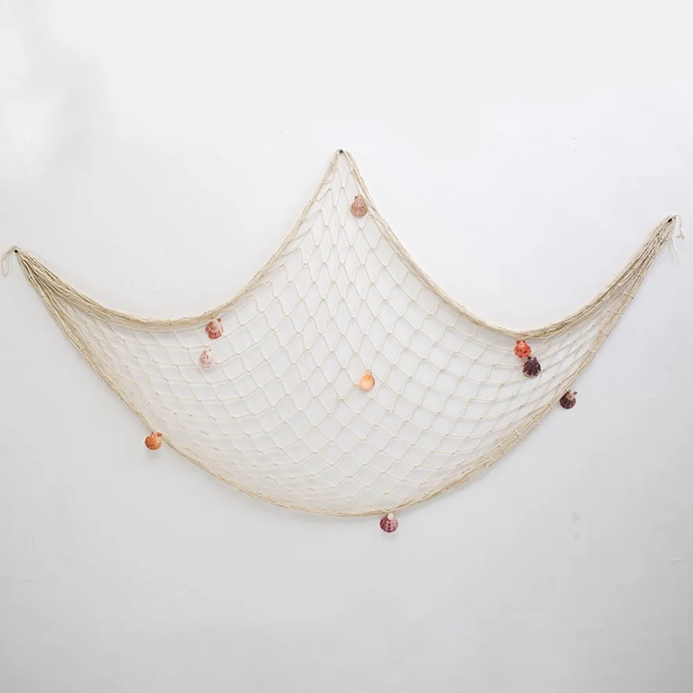 Cotton Hand Weaving Decorative Fishing Net Beige Color 1x2m Fishing Net Decor Includes Clips With Shells