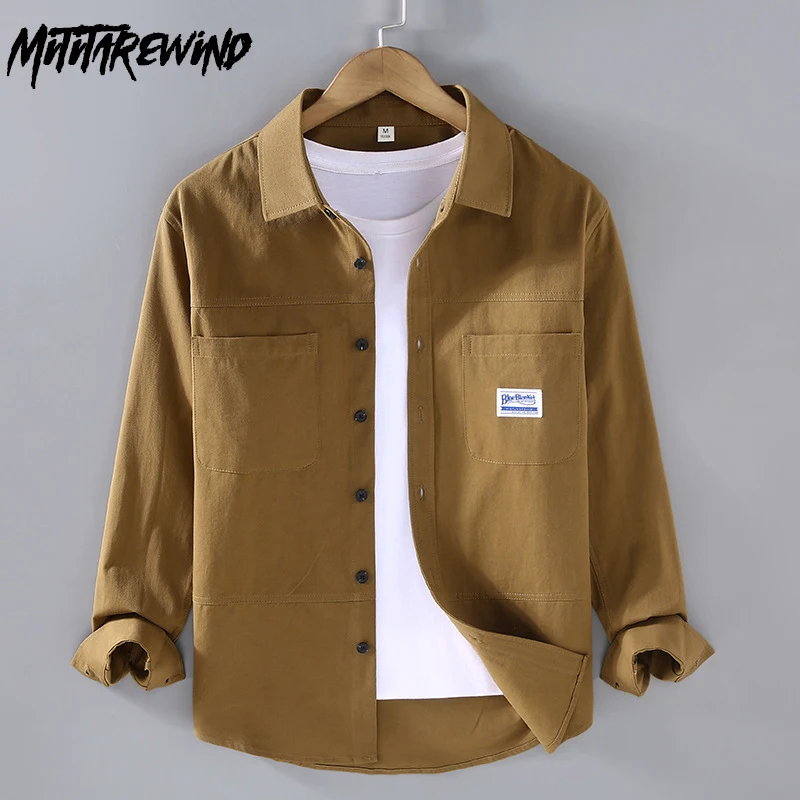 

Korean Popular Clothes Spring Fall Workwear Causal Shirts with Double Pockets Cotton Mens Long Sleeve Shirt Simple Solid Shirt