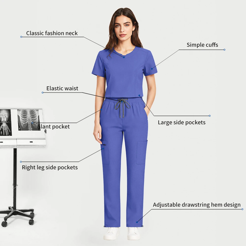 Niaahinn Hospital Nurse Scrubs Set Women Short Sleeve Medical Uniform Multi-Pocket Adjustable Drawstring Work Pants Surgical Set