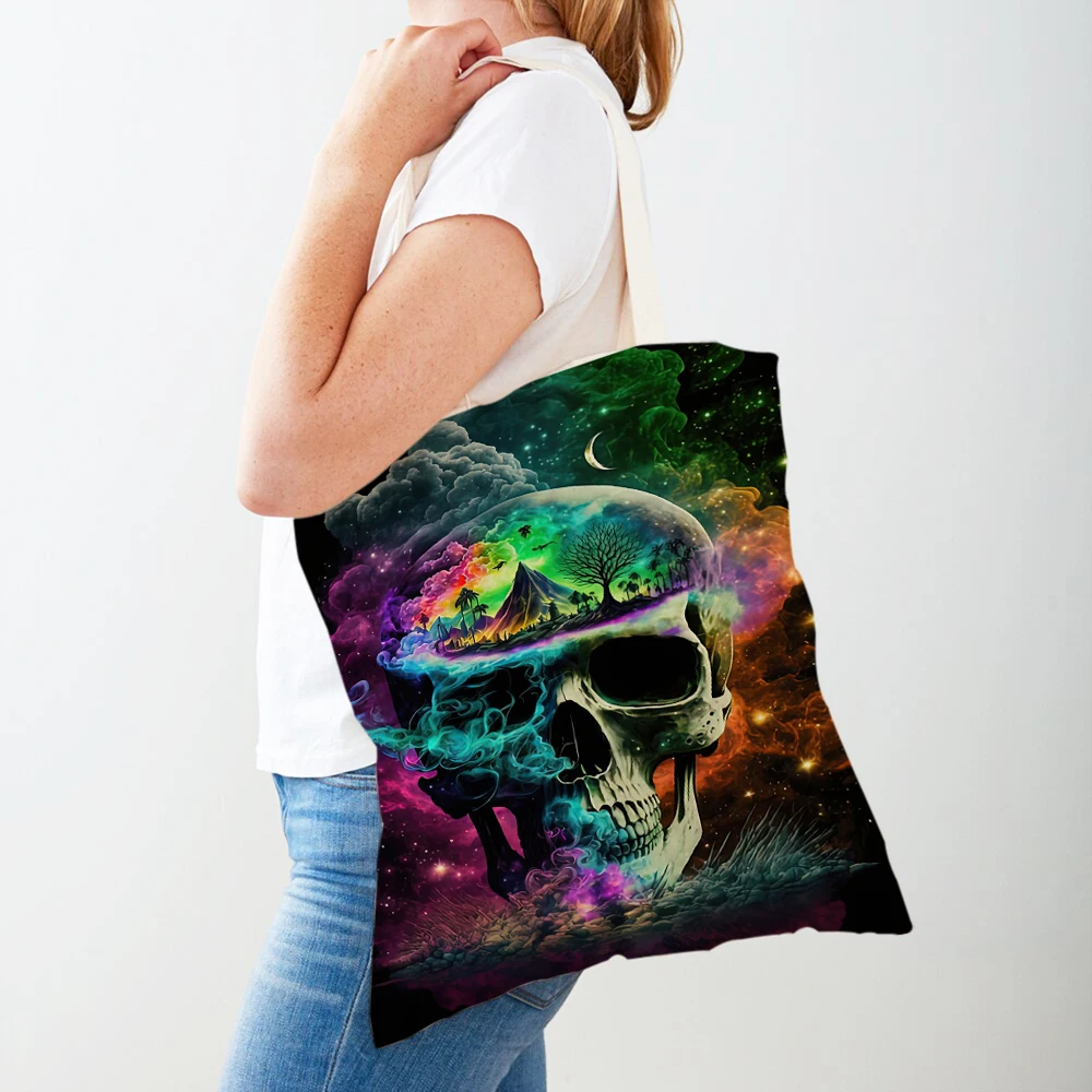 

Mexican Day of the Dead Colorful Skull Casual Women Shopping Bag Double Print Canvas Girl Travel Tote Handbags Shopper Bags