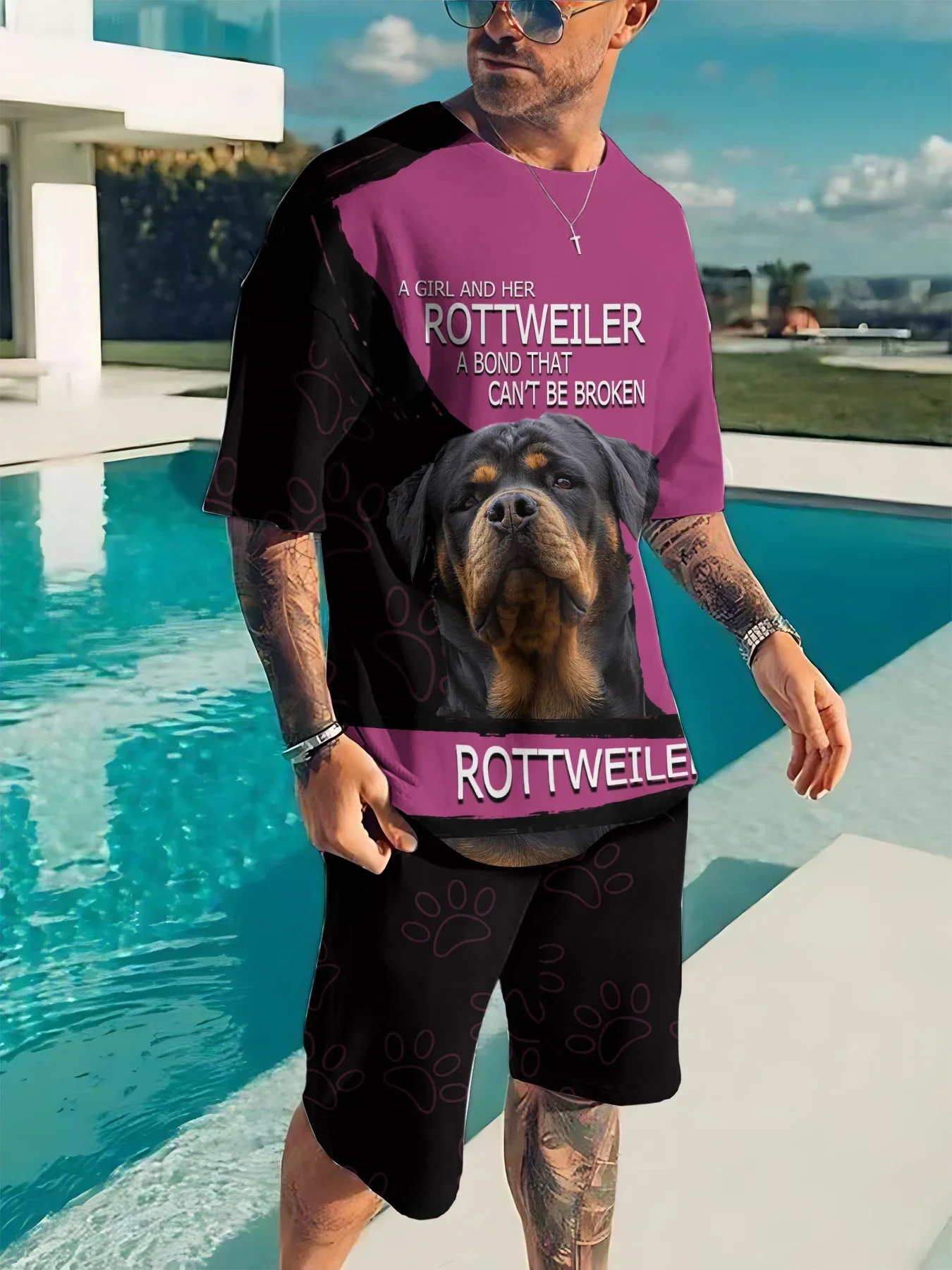 

Men Set 2 Piece Summer T Shirt Shorts Suit Rottweiler Pattern Print Short Sleeve Male Tees Streetwear Casual Track Suits