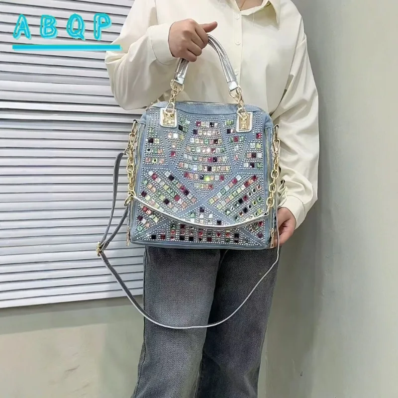 Women's Handbag New Diamond Pattern Fashion Denim Tote Shoulder Bag Woven Large Capacity Messenger Canvas Bag