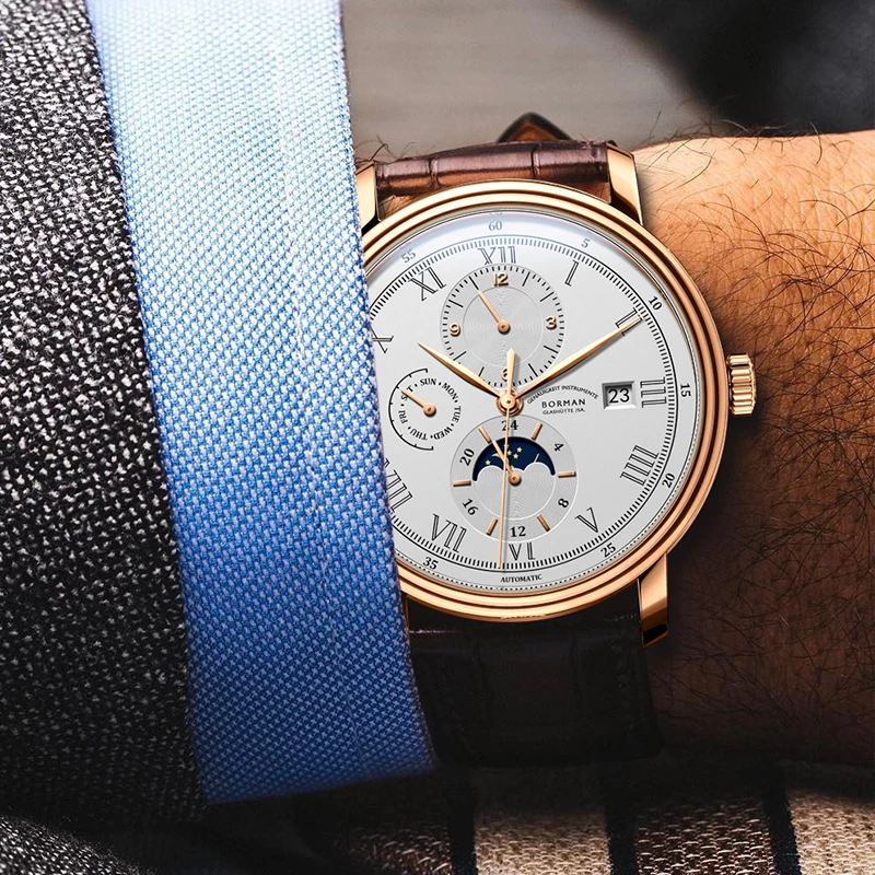 BORMAN Leather Moon Phase Leather Luxury Automatic Men Wristwatch Leather Strap 50m Water Resistant Mechanical Watches