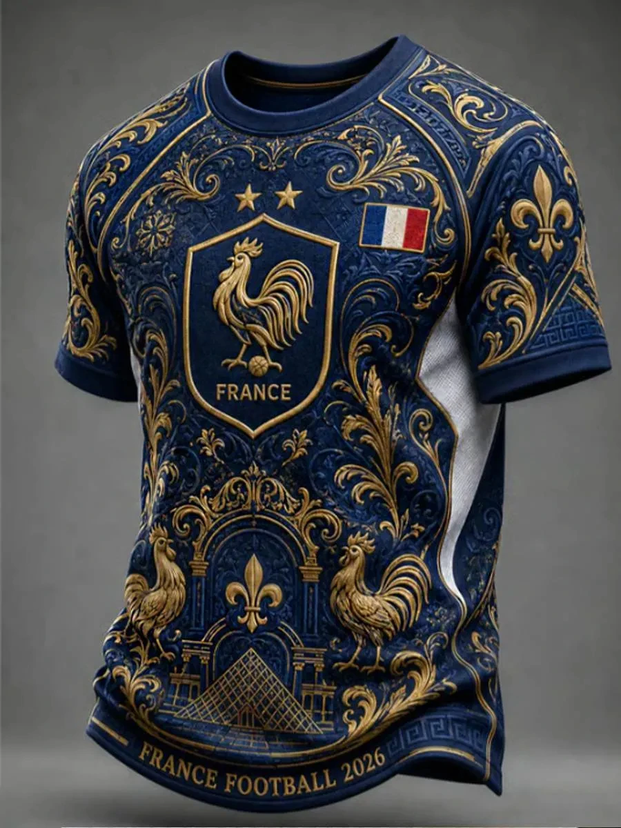 T-shirt graphique vintage France football pour hommes et femmes, imprimé 3D, motif rétro, tee-shirt de sport à manches courtes, haut décontracté, séchage rapide, pour l'extérieur, été