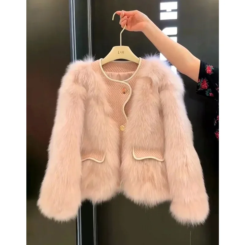 Nepbontjassen Dames Bontjassen Effen Zak Lange Mouwen Ronde Hals Enkele Breasted Dik Warm Bont Casual 2025, Herfst Winter