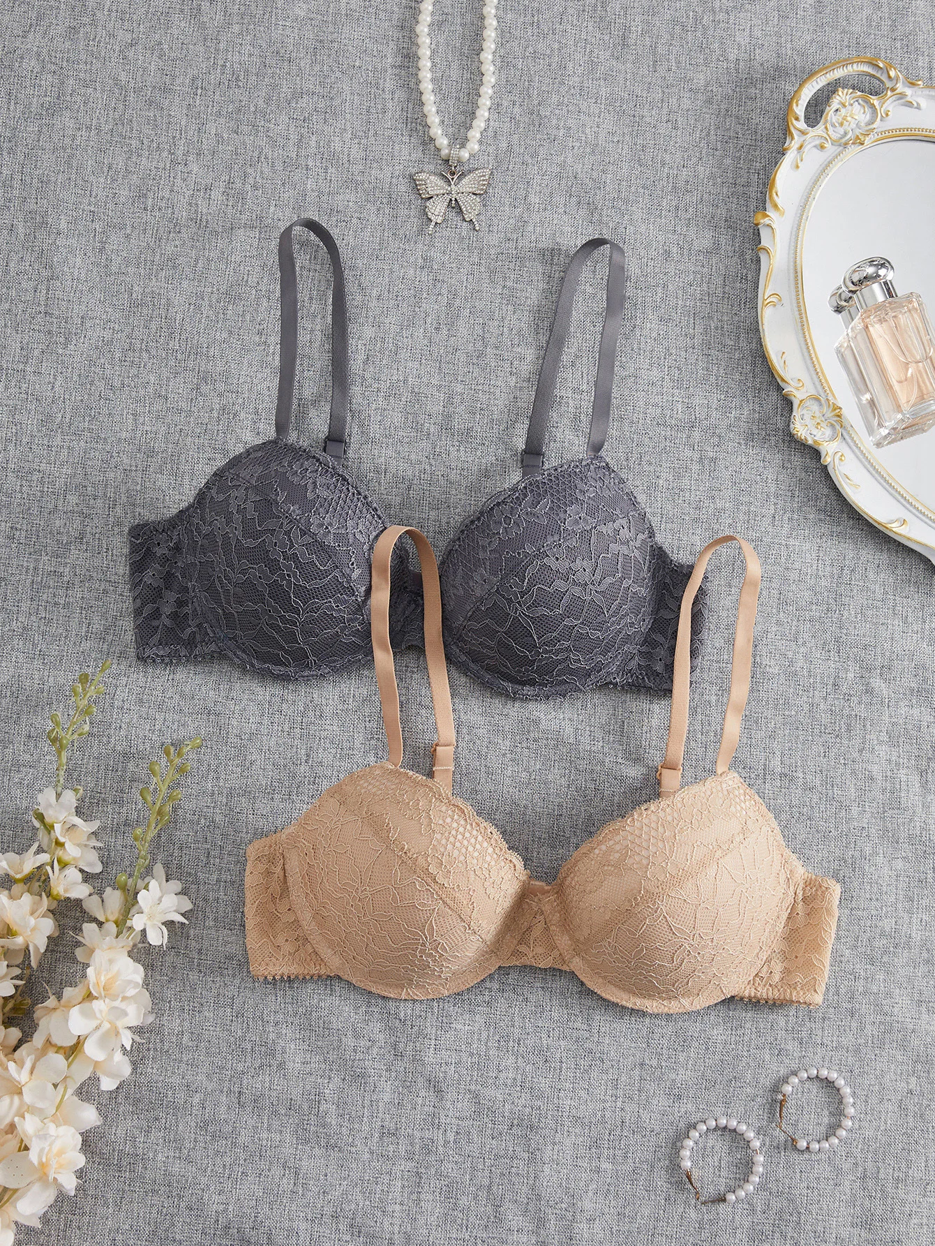 2Pcs/Set Thin Cup Women's Bras Floral Lace Texture Push Up Bra Comfortable and Breathable Daily Lingerie