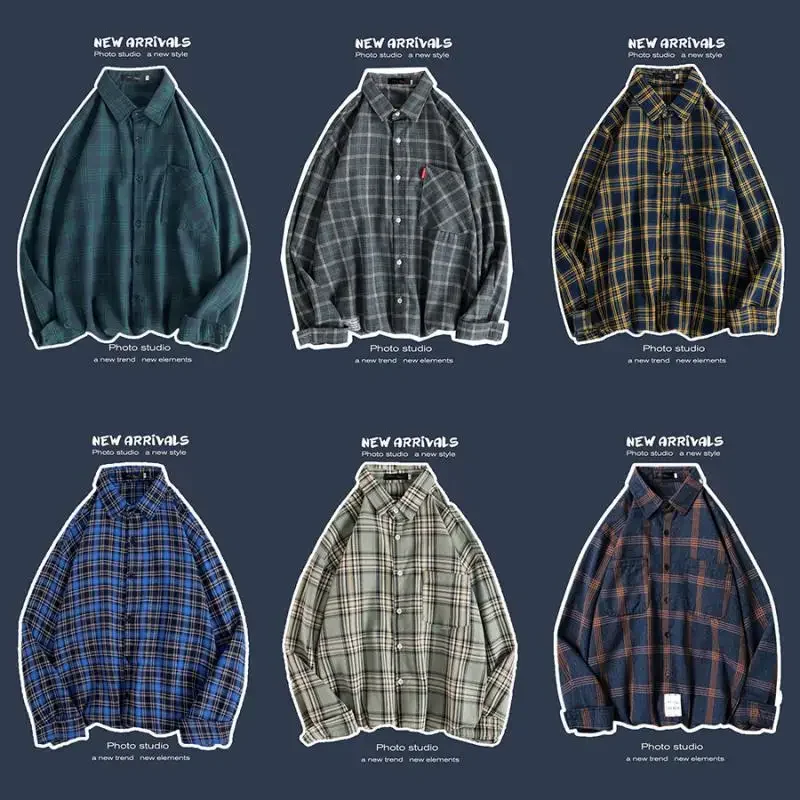 Spring Autumn Men's Korean Trendy Casual Loose-fit Long Sleeve Shirt Hong Kong Style Versatile Couple Vintage Plaid Jacket