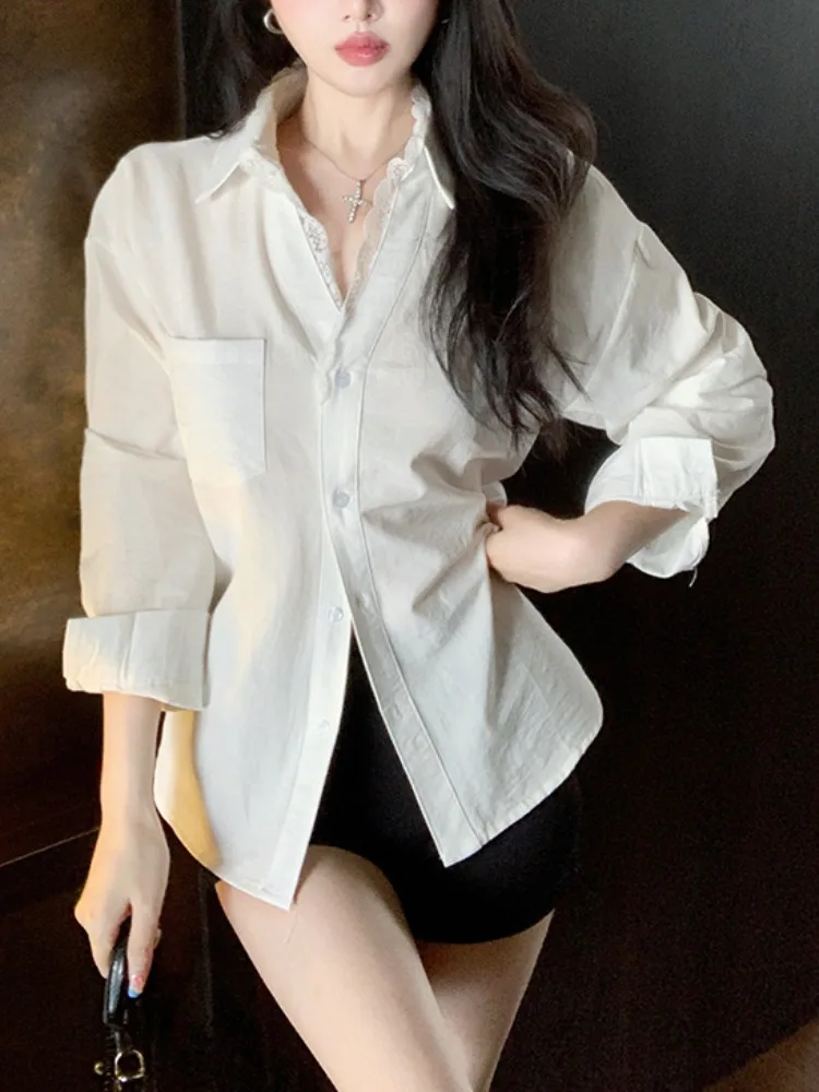 

Design Sense Patchwork Lace Trim V-Neck Long Sleeve Shirt Women's Autumn Style Pure Desire White Shirt Inner Wear Top