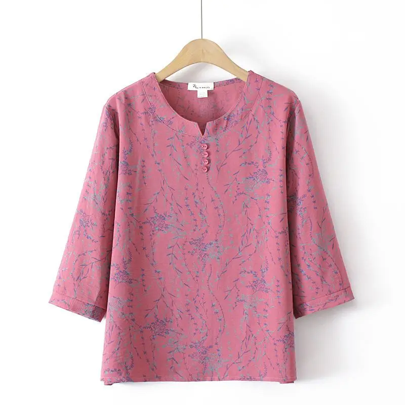 Fashion Vintage 3/4 Sleeve Printed Loose Chiffon T-shirt 2023 Summer Women's Clothing Casual Round Neck Button Tops for Female