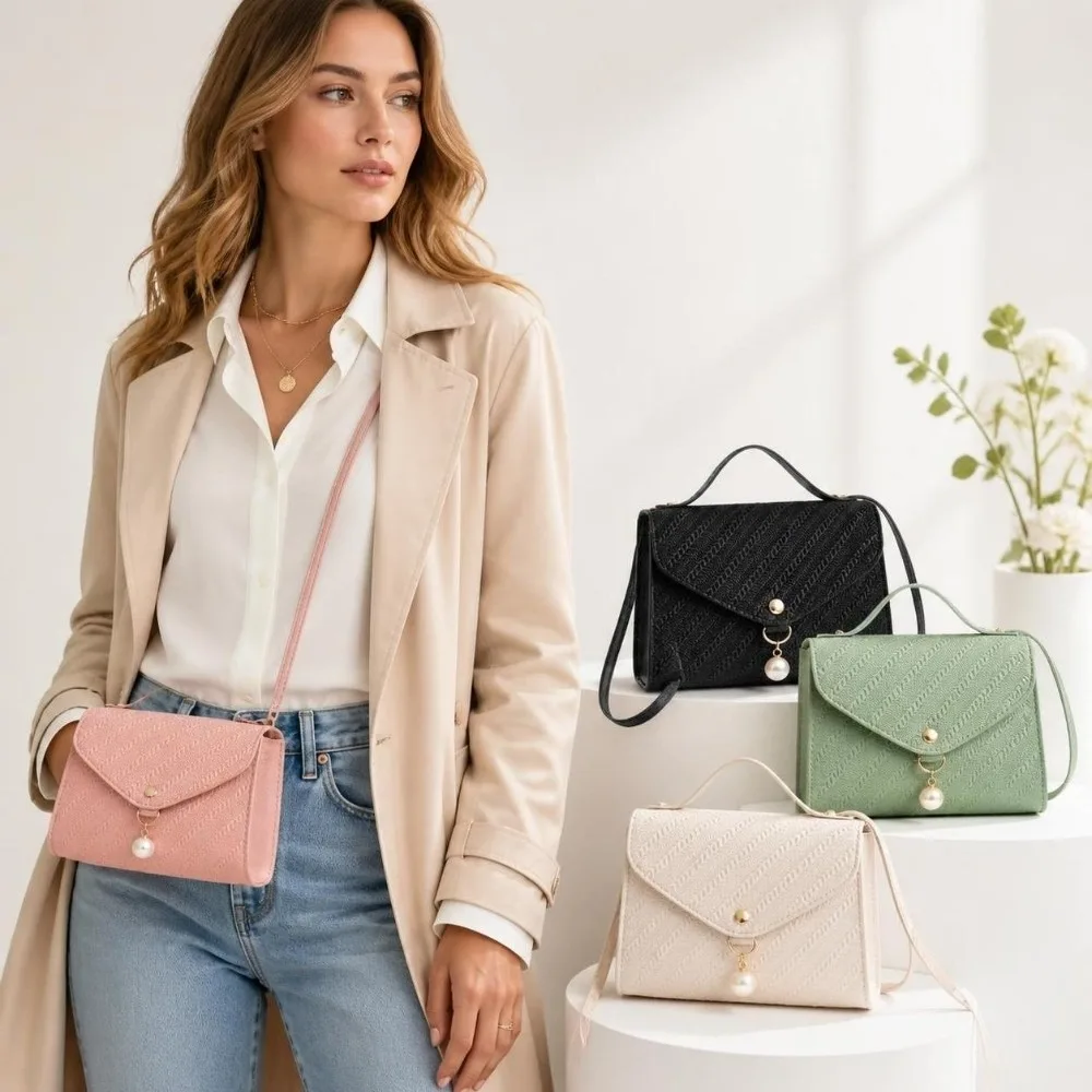 Fashionable PU Leather Crossbody Bag Adjustable Shoulder Strap Small Square Bag Pearl Bead Women Handbag Daily Use