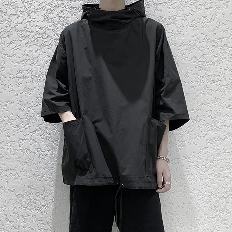Mode Männer Sweatshirts T Shirts Hoodies Crago Stil Tasche Kordelzug Winddicht Halbe Hülse Einfarbig Männer Sommer Tops