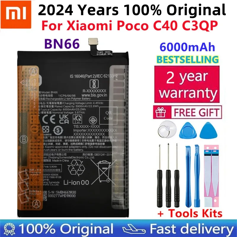 

100% оригинальная новая высококачественная сменная батарея BN66 для Xiaomi Mi POCO C40, перезаряжаемая батарея 6000 мАч, Bateria