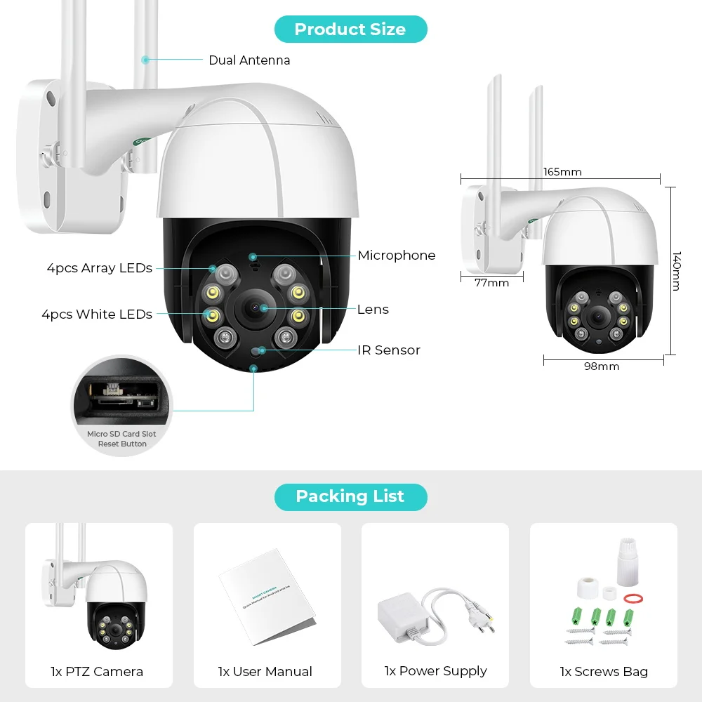 Câmera de Segurança, WiFi, IP, CCTV, Colorida, Zoom Digital 5x, Detecção Humana, 4K, UHD, 8MP Visão Noturna