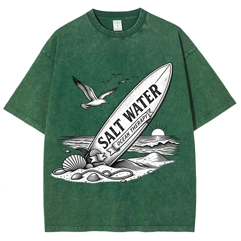 Men's Salt Water Surf Graphic T-Shirt Vintage Washed Black Cotton Tee Short Sleeve Casual Streetwear Summer Top ﻿