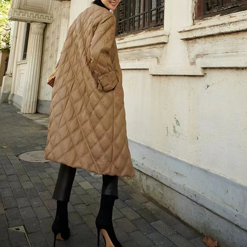 Women\'s Long Down Jacket Winter High Quality Genuine Sheepskin Profile O-Neck Rhombic Lattice Warm Goose Down Leather Coat