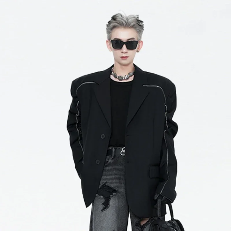 

American Zipper Drawstring Design Men's Blazer 2024 Korean Fashion Zipper Long Sleeve Male Jacket Single Breasted 24X1455