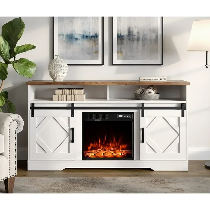 Fireplace TV Stand for TVs Up to 65 Inch, Farmhouse Wood Electric Fireplace Entertainment Center with Storage 2 Heating Mode