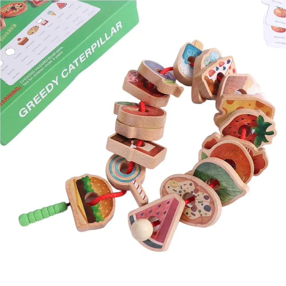 

Caterpillar Food Stringing Threading Beads Toys Food Matching Sorting Wooden Baby Threading Games Handmade DIY