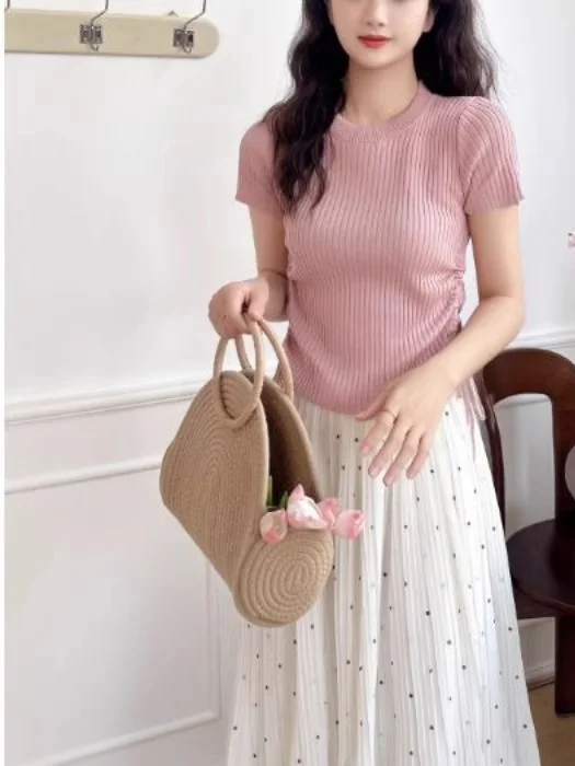 Korean Style round Neck Drawstring Knitted Base Shirt Design Slimming Short Sleeve Overhead Top Comfortable Commute Fashion