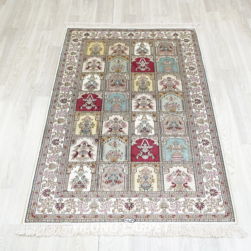 91x152cm Oriental Four Season Carpet Exquisite Garden 100% Silk Rug For Sale (HF215B)