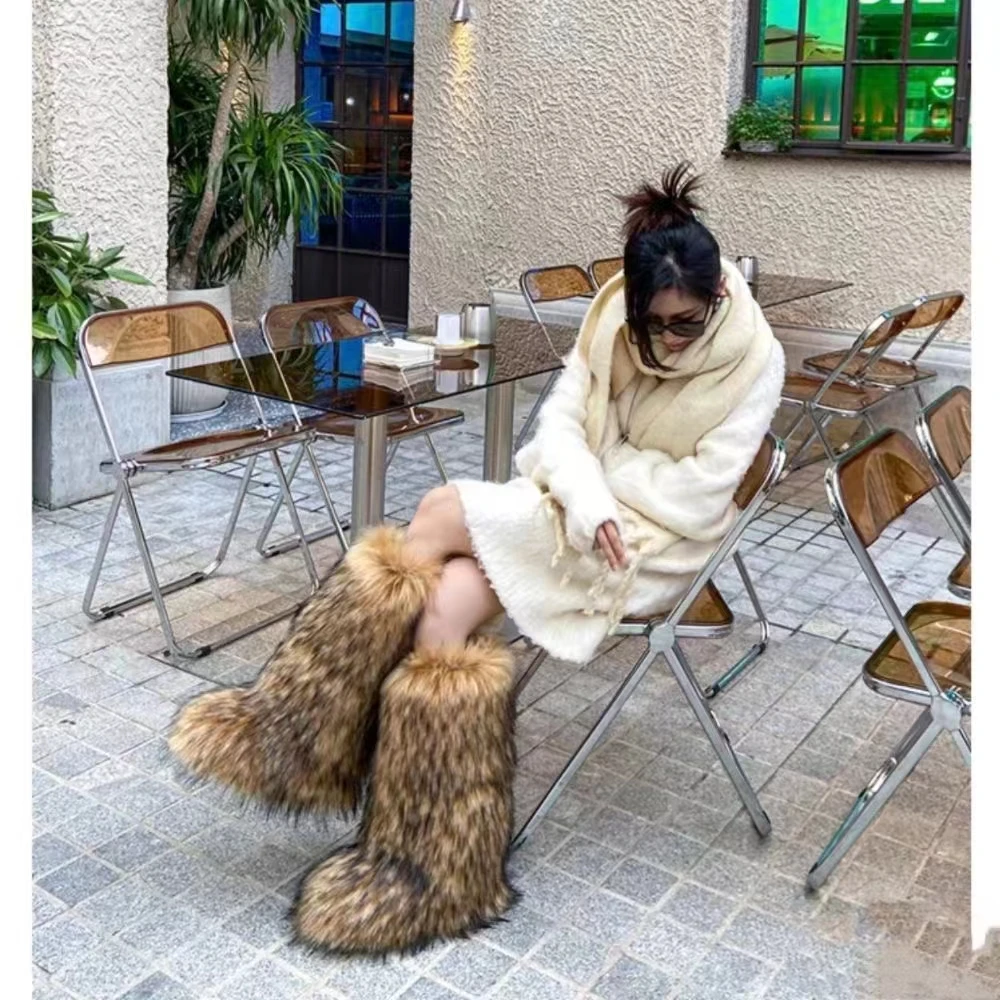 Women Winter Warm Fluffy Knee High Faux Fur Snow Boots Solid Platform Round Toe Women Boots Luxury Designer Fashion Fur Boots