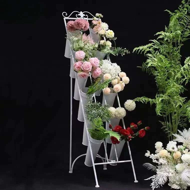 Ladder Shaped Multi Layer Wrought Iron Flower Stand Outdoor Flower Display Stand For Flower Shop Arrangement Display