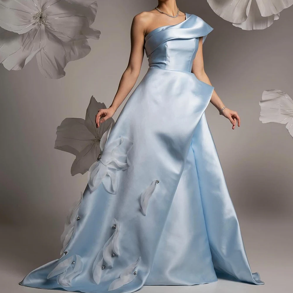 A-Line Crystal Floor Length Flowers Evening Dress Blue One Shoulder Sweep Train pleats Elegant Satin Sleeveless Special  Gowns