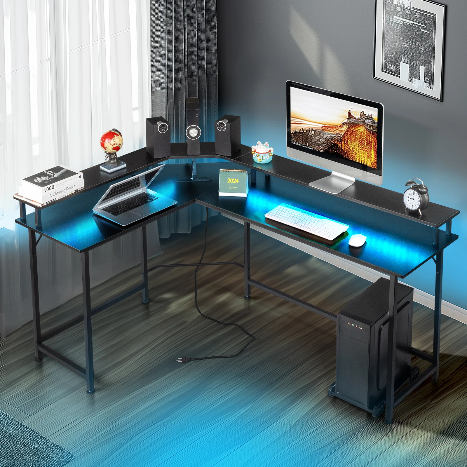 Tablero de partículas negro con revestimiento de triamina en forma de L con estante superior escritorio de computadora de 170*120*75 cm con luz RGB + 2 EE. UU.