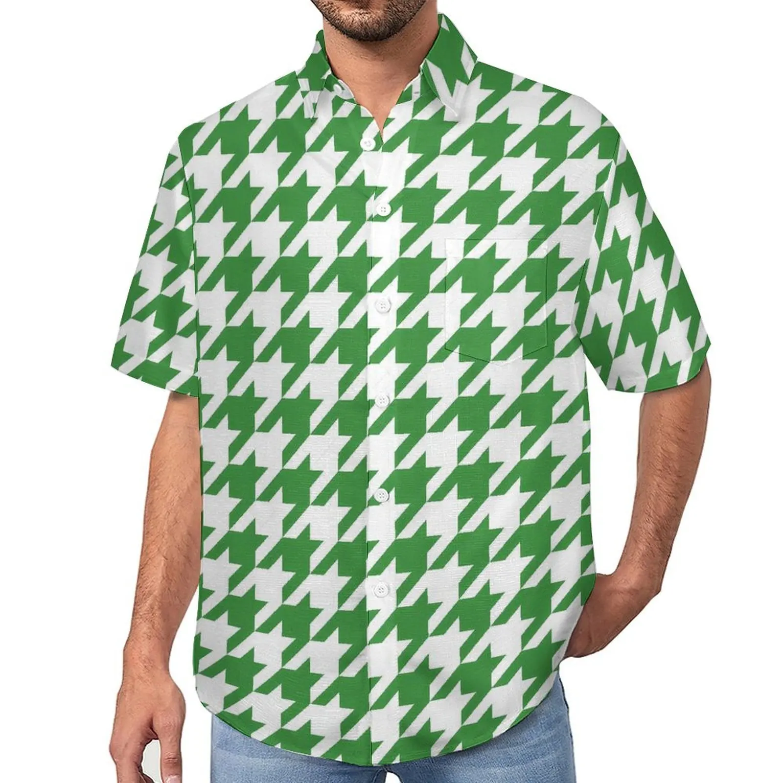 

Green Houndstooth Blouses Men St Patricks Day Casual Shirts Hawaii Short Sleeve Graphic Funny Oversized Vacation Shirt Gift Idea