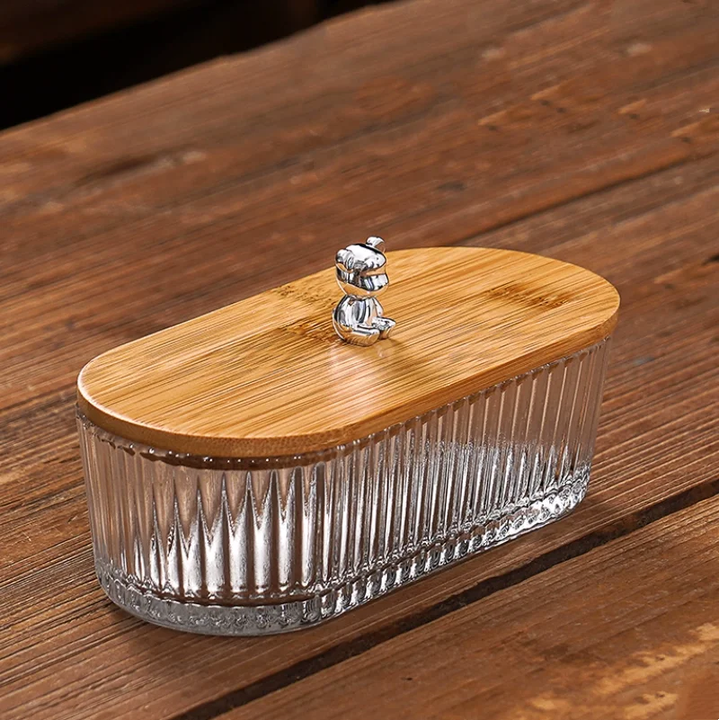 Oval Transparent Glass with Lid, Snack，dishes, Bar, Appetizer, Pastry, Nuts, Candy Box, Home Storage Box, Wooden Tray