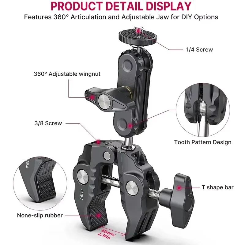 U-lanzi R094 Metalowy super zacisk z podwójną głowicą kulową Magiczny zacisk ramienia z otworem 1/4" 3/8" do aparatu DSLR Monitor Światło Mikrofon Mocowanie — zdjęcie produktu 3