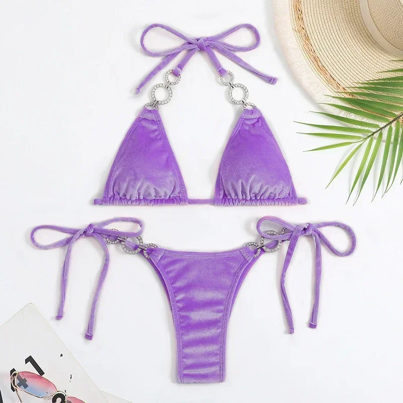 Sexy Micro Halter Purple Velvet Bikinis Set Mujer String Thong Swimsuit Women Swimwear Bathing Swimming Suit Bikini Biquinis