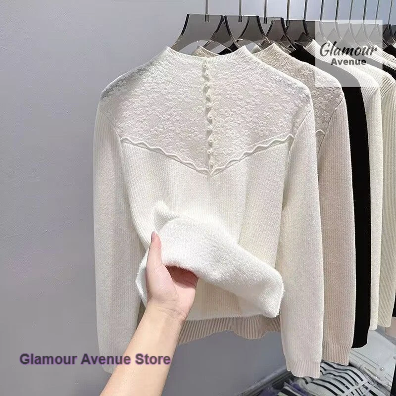 

French cashmere semi-turtleneck bottoming shirt women's autumn and winter loose western-style knit top lace velvet sweater