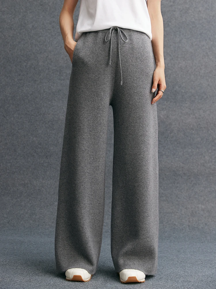 

TLOML New Women 100% Cashmere Knit Pants Wide Leg Pants Autumn Winter Thick Soft Warm Cashmere Trousers Office Lady Simple Pants
