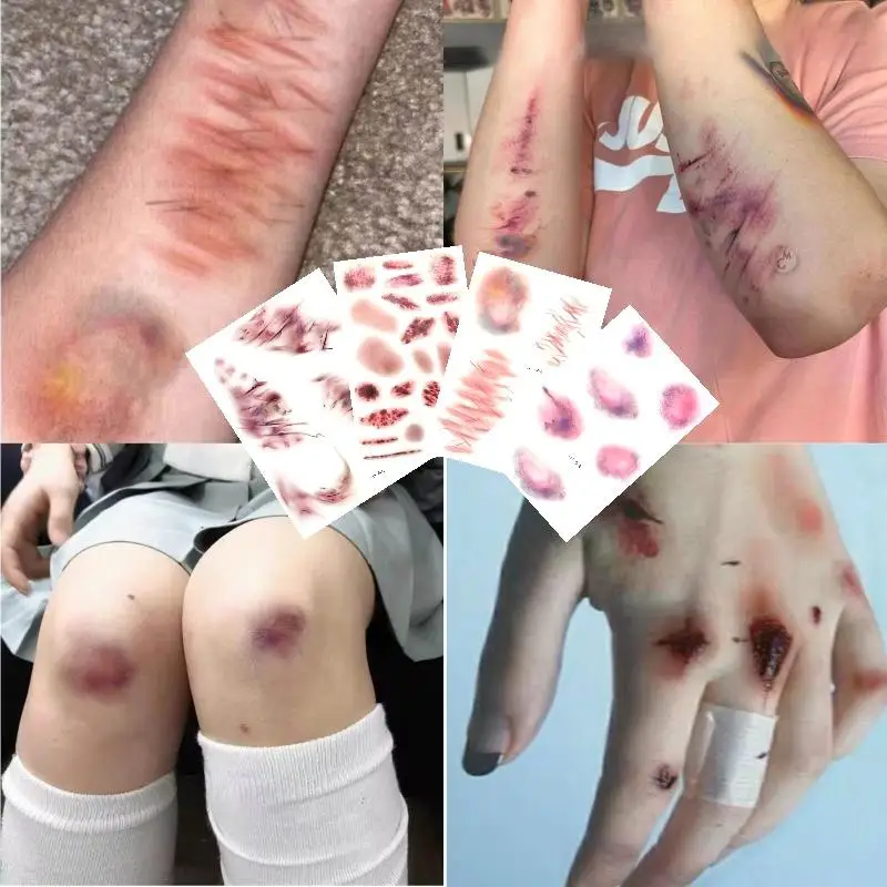 4 Sheets Halloween Wound Bruising Temporary Tattoos Cosplay Waterproof Arm Ankle Scar Tattoo Stickers Lasting Fake Tattoo