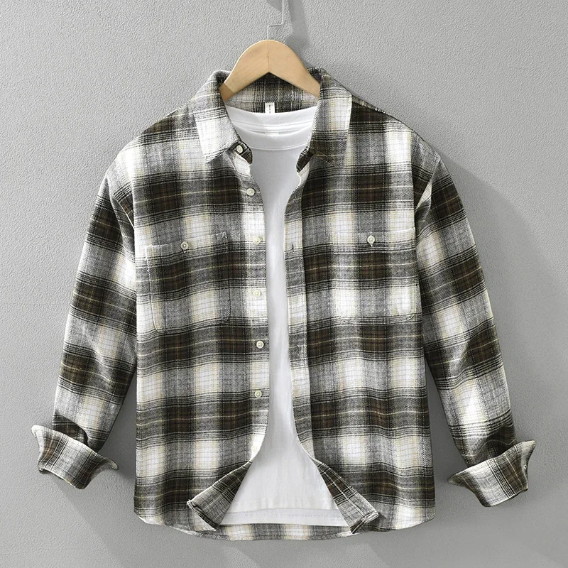 2024 Autumn Winter New Long Sleeve Plaid Shirt for Men 100% Cotton Casual Fashion Men's Clothes Oversized Loose Shirts