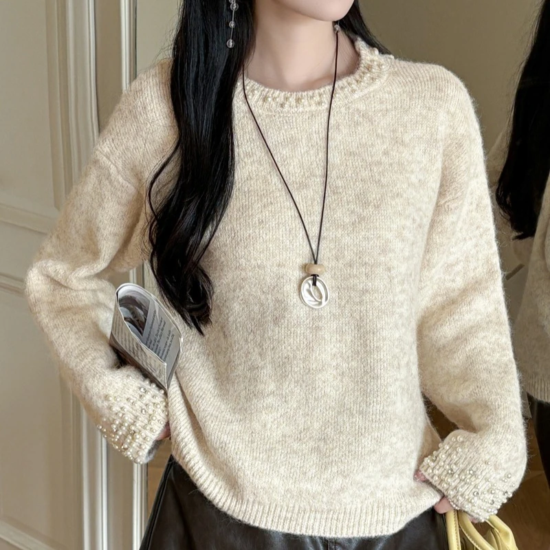 

REALEFT осень-зима элегантные женские свободные свитера в стиле пэчворк с бисером, новинка 2025 года, корейские повседневные пуловеры с длинными рукавами и круглым вырезом, топы