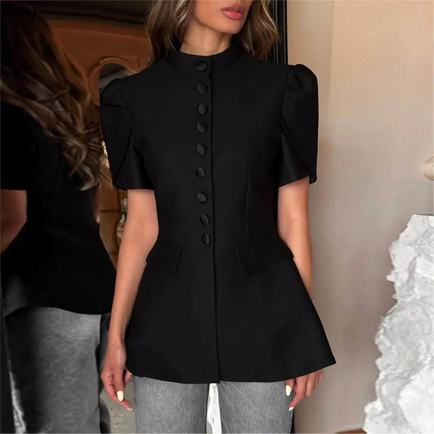 

Sweet Fre Summer New Sle Women's Slimming High Waist Single Button Stand Collar irt Jaet Top LinJ Brand Sweet Sle