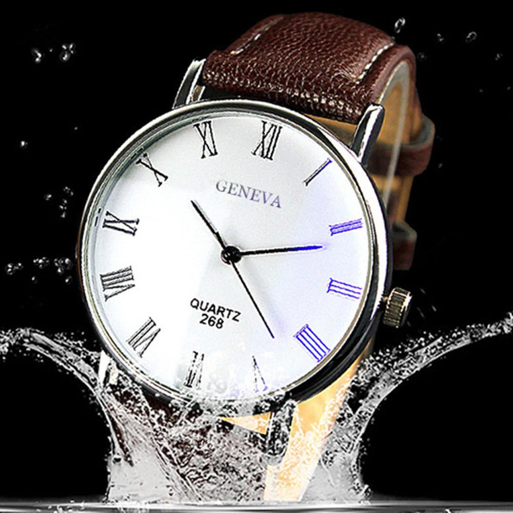 Men Watch Roman Numerals Blu-Ray Faux Leather Band Quartz Analog Business WristWatch 2022