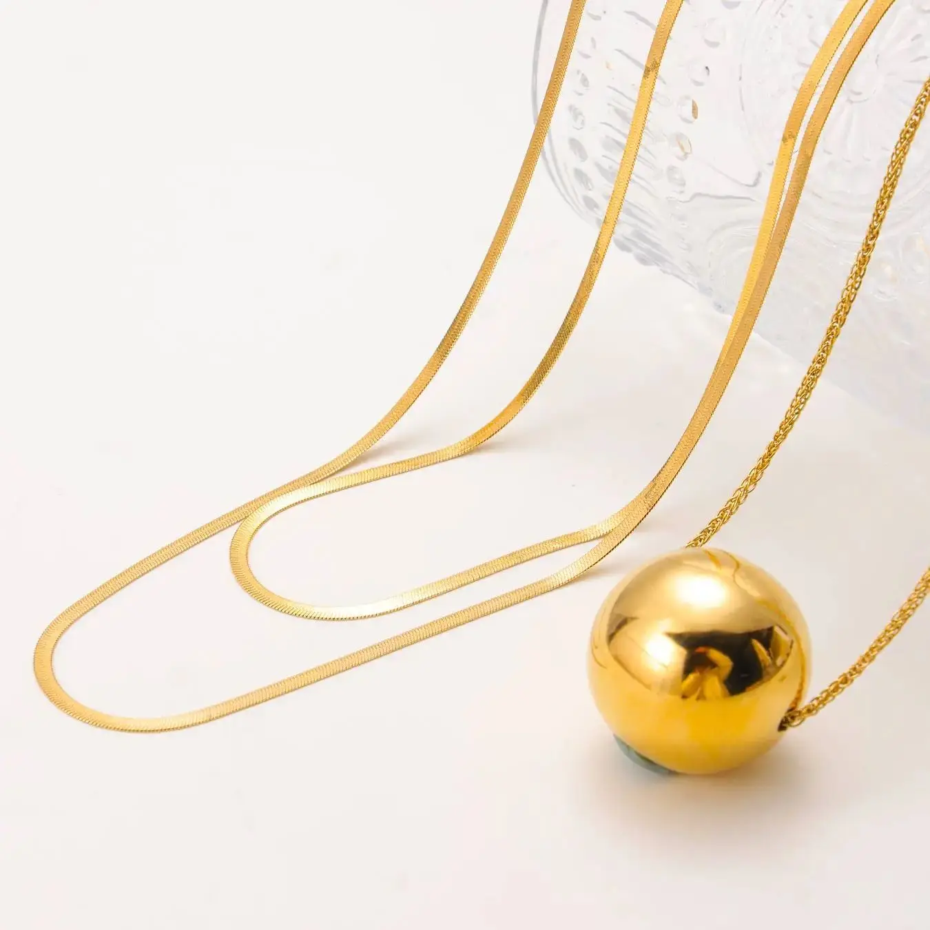 

Top-quality Fashionable Stainless Steel Double Layer Necklace 18k Gold Plated Hollow Ball Pendant For Ladies Women Jewelry