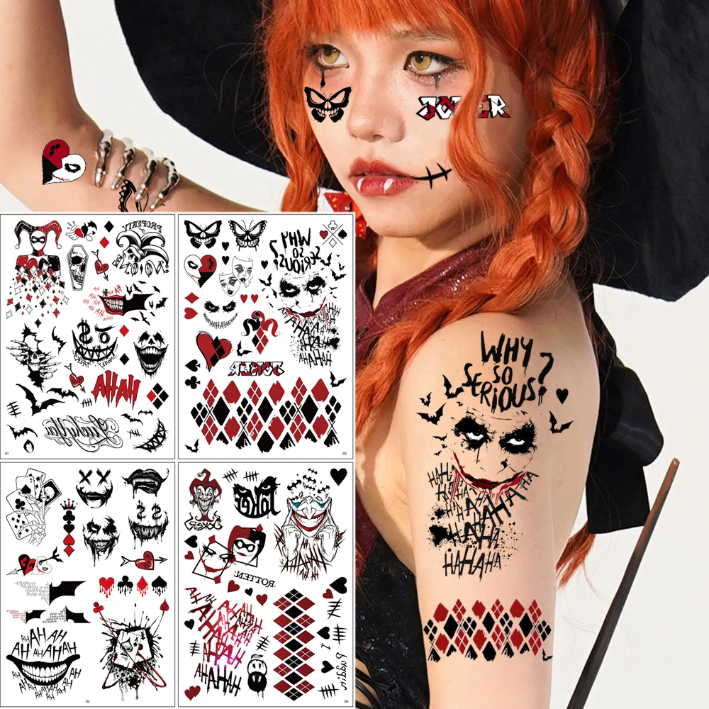 

4 Sheets Temporary Tattoo Stickers for Halloween Party Scary Face Bat Design Fake Tattoo for Women Men Body Decor
