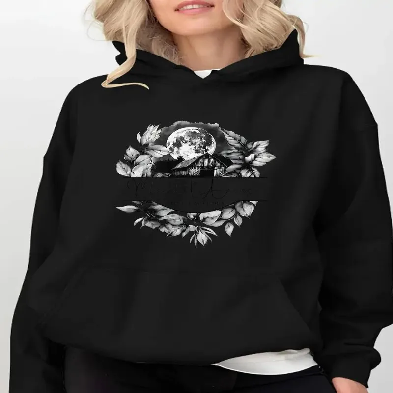 

Женская толстовка больших размеров Moonlit Acreage, элегантный геометрический лунный и цветочный принт, утолщенная ткань 450 г/м2, всесезонный туризм на открытом воздухе