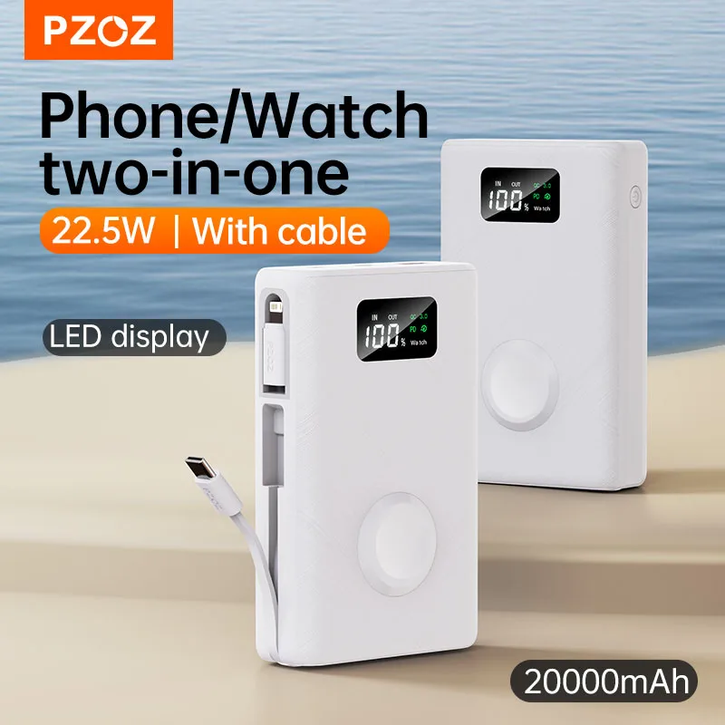 

PZOZ 22.5W Power Bank 20000mAh Portable Type C QC PD Fast Charging Powerbank External Battery For iPhone iWatch Wireless Charger