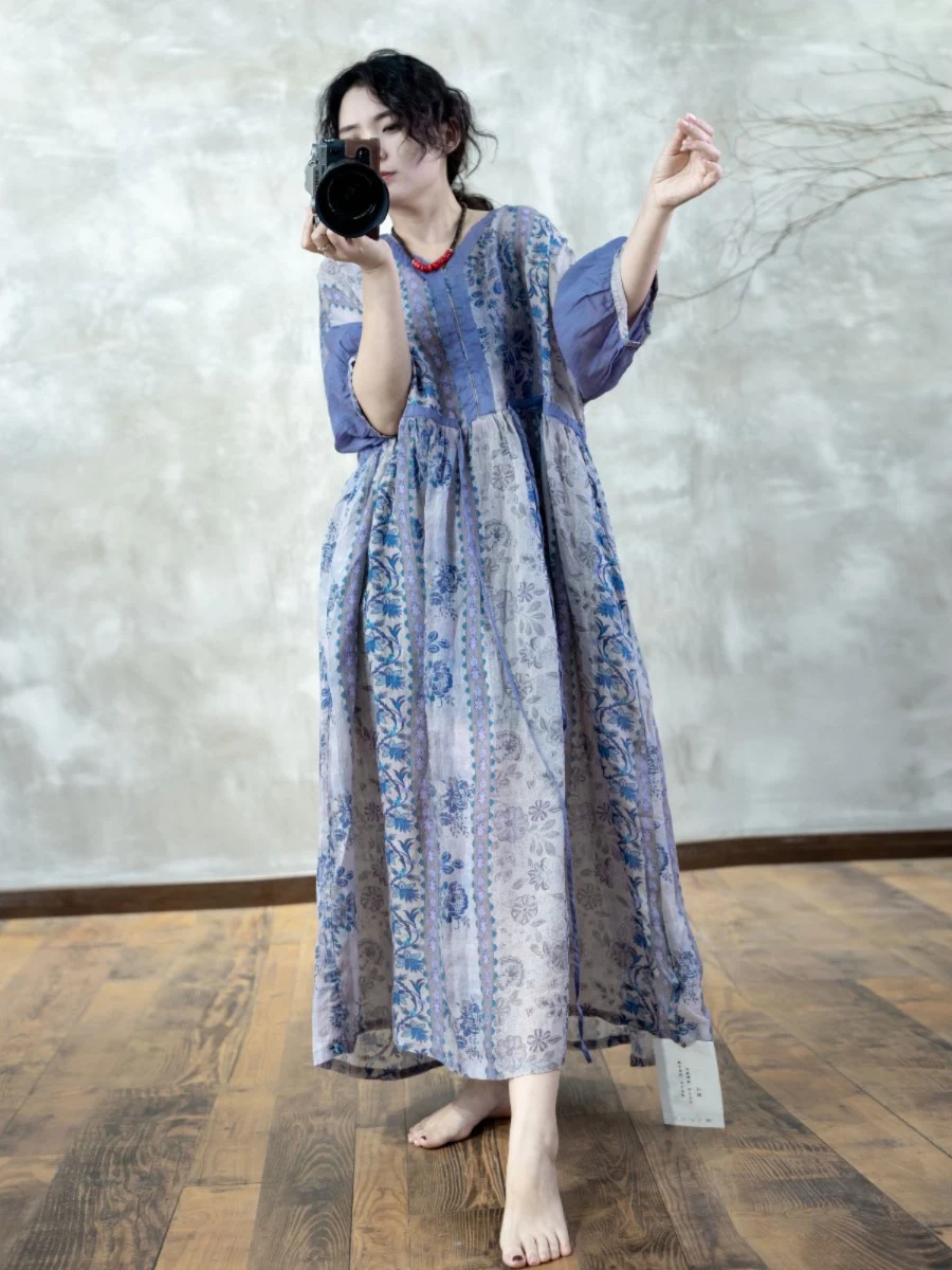 Artistic Blue And White Porcelain Print Dr Dstring Waist Seven Quarter Sve V-Ne Long Slimming A-Line Skirt